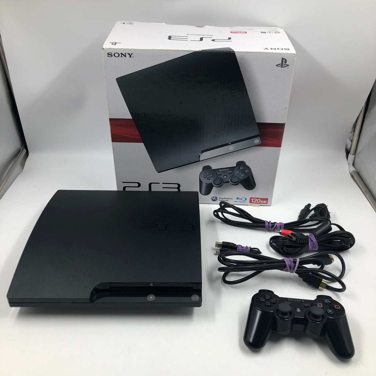 PS3 Playstation 3 Console Slim Black 120GB Controller + Cables Boxed