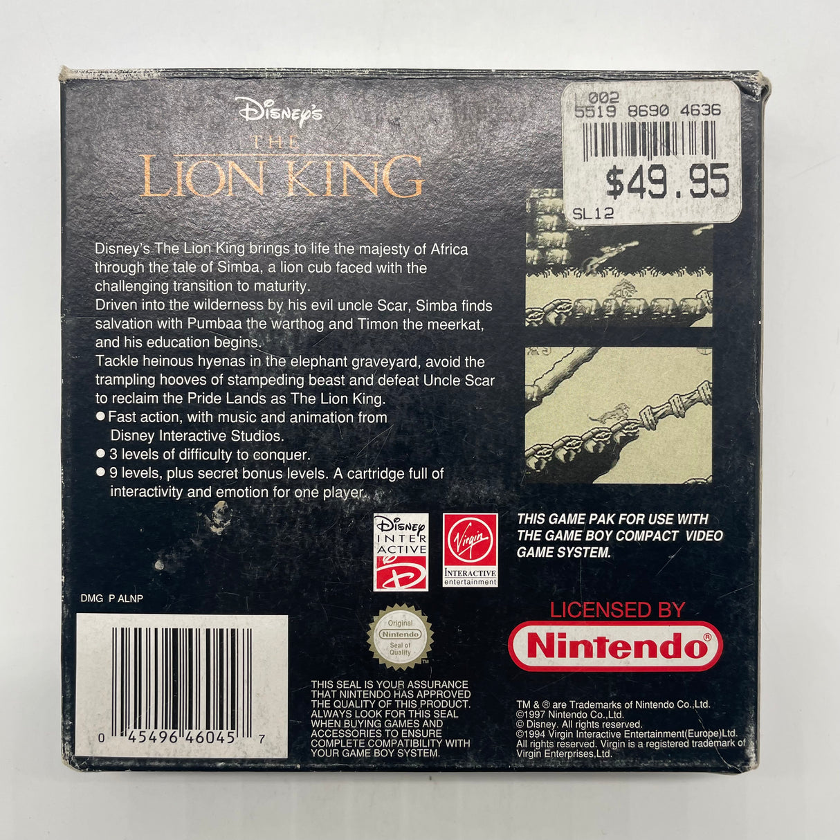 The Lion King Game Boy Game Complete Boxed with Manual and Inserts PAL