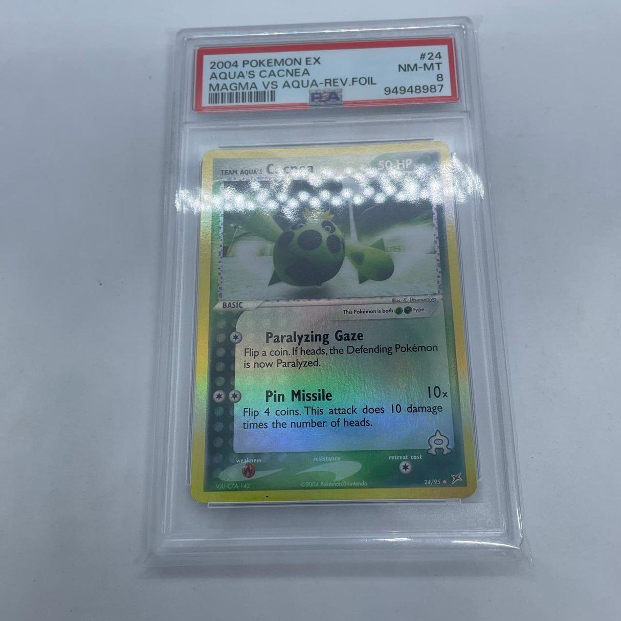 Team Aqua Cacnea Pokemon Card 24/95 Reverse Foil PSA 8 Graded