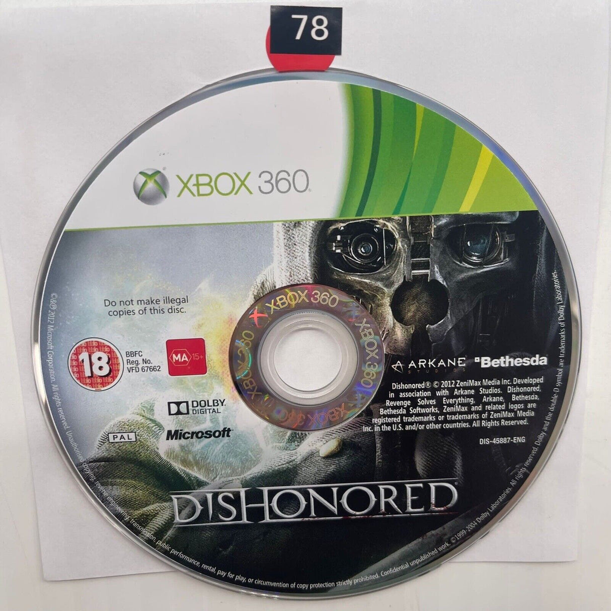 Dishonored Xbox 360 Game Disc Only